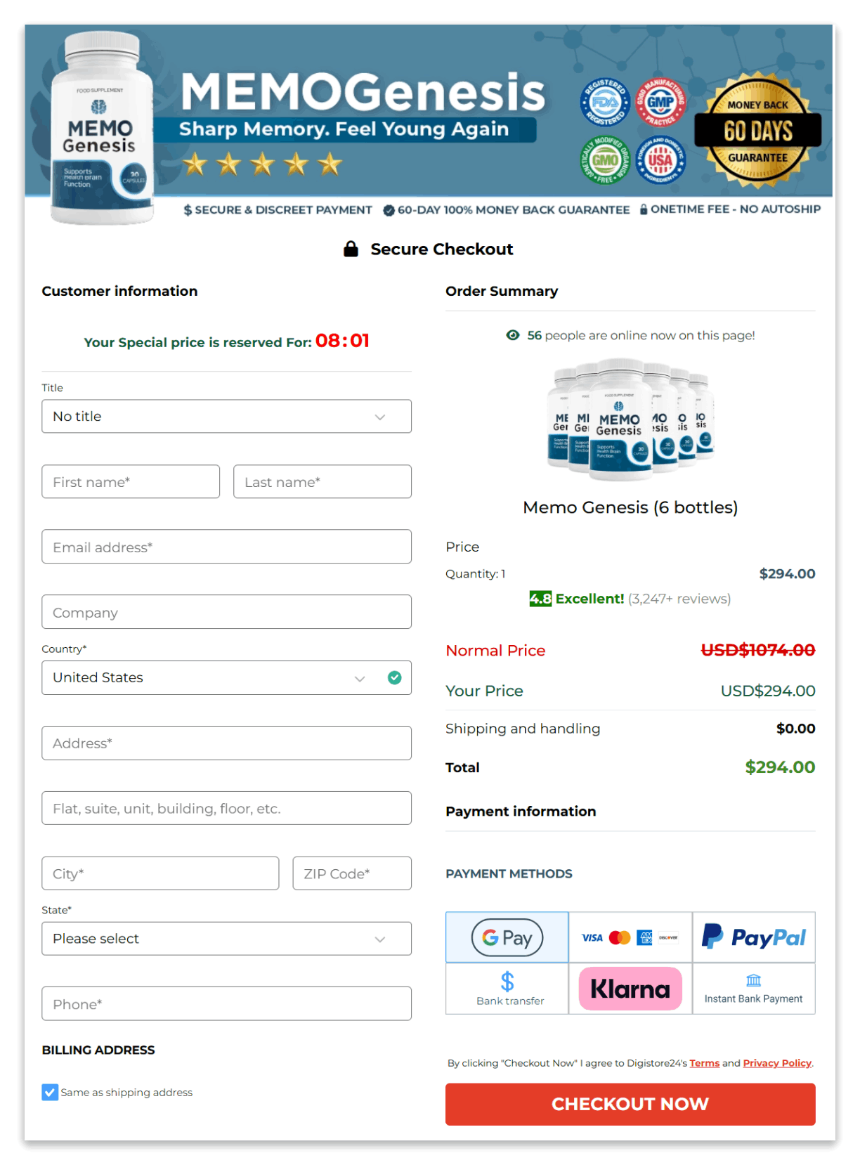 Memogenesis Secure Checkout Page